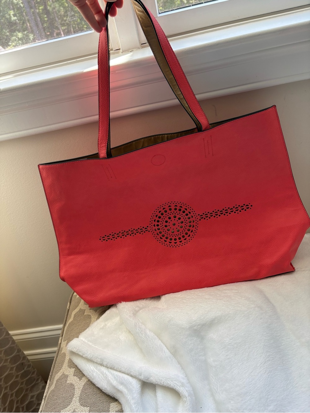 Large Women’s Coral Tote Bag with Laser-Cut Medallion